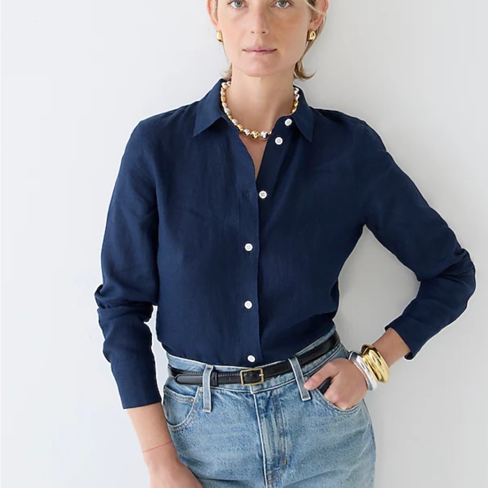 J.Crew Navy Blue Slim Fit Linen Button-Up Shirt Tall 10